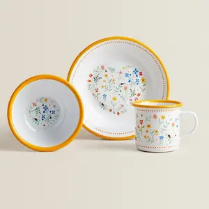 3pc Enfant Enfants petite taille vaisselle en émail durable vaisselle de cuisine Logo personnalisé imprimé émail repas tasse bol assiette dîner ensemble