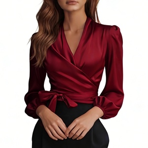 เสื้อคลุมผ้าซาตินสำหรับผู้หญิง - เสื้อเชิ้ตแฟชั่นคอวีผูกเอวแขนยาว - Product Image 1