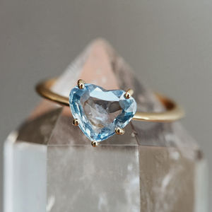 Vente en gros de bijoux pour femmes, délicate bague solitaire en forme de cœur en aquamarine naturelle plaquée or S925, bagues de fiançailles authentiques - Product Image 5