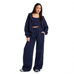 Conjunto Deportivo de 2 Piezas para Mujer, Color Personalizado, Top Corto con Capucha, Pantalones Deportivos Anchos, Ropa Deportiva Informal, Tejido de Poliéster - Product Image 1