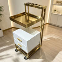 Chariot de Salon de Luxe en Acier Inoxydable Doré avec Tiroir Blanc, Chariot Roulant pour Outils de Coiffure avec Support pour Sèche-Cheveux