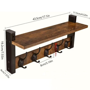 Porte-manteau mural avec étagère, en bois rustique, avec 5 crochets métalliques, <span class=keywords><strong>pour</strong></span> entrée, avec étagère supérieure <span class=keywords><strong>pour</strong></span> le rangement - Product Image 1