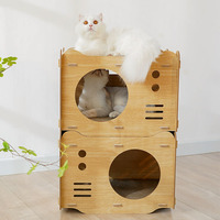 Mobilier écologique pour chats : Maisonnette en bois empilable et griffoir durable en carton ondulé pour chats d'intérieur, pour jouer et se reposer
