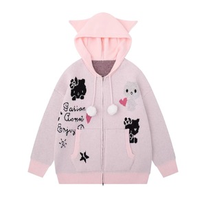 Cárdigan de punto con capucha y cremallera para mujer, diseño de orejas de gato, ajuste holgado, novedad de otoño, suéter abrigo gris antipilling - Product Image 4