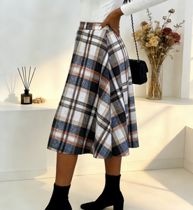 <b>Women's</b> Plus Size Yellow <b>Brown</b> Checkered Casual Ruffles Knee-Length A-Line Flared Fishnet Skirt - Product Image 1