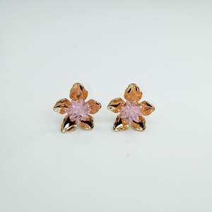 Fashion <b>Stud</b> <b>Earrings</b> 316L Stainless Steel PVD Gold Plating Pink <b>Crystal</b> Flower Design - Product Image 1