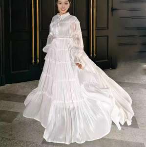 Luxe Swing couleur unie robes de soirée Banquet cérémonie 2025 automne lanterne manches revers simple boutonnage robe plissée - Product Image 2