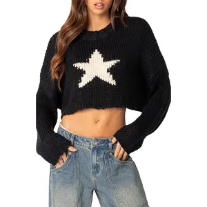 사용자 정의 로고 캐주얼 여성 스타 작물 풀오버 스웨터 100% 아크릴 자카드 니트 니트웨어 라운드 넥 스웨터 여자