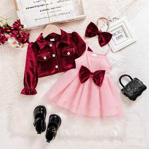 Set Due Pezzi per <span class=keywords><strong>Bambina</strong></span> con Giacca in Velluto Rosso Vino e Gonna con Fiocco in Tulle, Primavera e Autunno, con Accessori per Capelli - Product Image 4