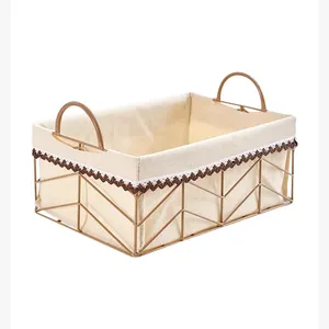 Wholesale Hand-Woven Rectangle Dark Brown Chicken Wire Mesh Bread Basket With Removable Cloth Liner & Handles
