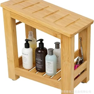 Bamboo Wood <b>Bathroom</b> <b>Stool</b> Double Layer Storage Foot Rest For Shower Spa Massage With Shelf Minimalist Design - Product Image 2