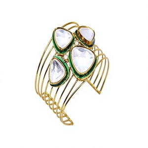 Stylish Premium Quality Gold Plated Cuff <b>Bracelet</b> with <b>Crystal</b> Rhinestones Pear Cut Vintage Style for Women Party Jewelry - Product Image 2