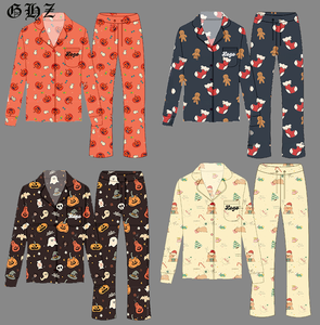 Pijamas Personalizados de Manga Longa com Botão para Festivais e Festas, Conjunto de 2 Peças para Mulheres, 100% Algodão, Conjunto de Pijamas de Natal - Product Image 1