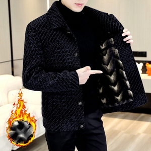 2022 Autumn <b>Winter</b> Striped Wool Blends Men's Plush <b>Thick</b> Casual Business Short Trench <b>Coat</b> - Product Image 1