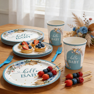 640437 120 pièces Assiettes, gobelets, serviettes et couverts en papier bleus pour bébé - "Hello Baby" pour révélation du sexe ou fournitures de fête pour bébé garçon - Product Image 6