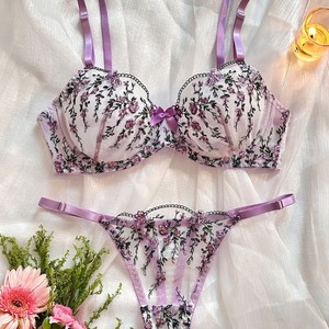 Wholesale Floral Embroidery Lingerie Set Sexy Sheer Mesh Underwire Bra and Thong Panties Set 2 Piece Elegant Lace <b>Underwear</b> Set - Product Image 4