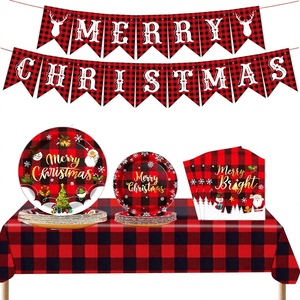 Juego de Vajilla Desechable a Cuadros Rojos para Fiestas Navideñas, con Platos, Vasos, Servilletas y Mantel de Papel - Uso en Interiores - Product Image 1