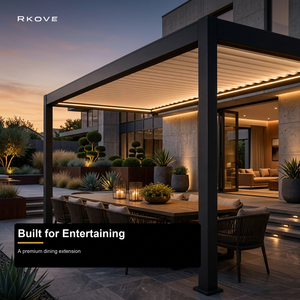 Pergola de terrasse extra longue RKOVE RK-E2, structure en aluminium à portée étendue, couverture d'ombrage continue pour grande table de repas extérieure - Product Image 2
