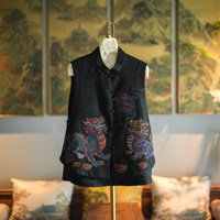 Vêtements pour femmes sur mesure, style chinois, broderie de lion, broderie de boule, soie Xiangyun, gilet polyvalent noir 5573