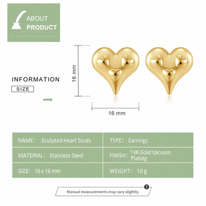 Pendientes de Corazón en Acero Inoxidable con Baño de Oro de 14K, Diseño de Corazón Triple Esculpido, Acabado Pulido - Product Image 2