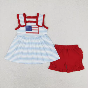 Conjunto de Ropa Infantil de Manga Corta con Bordado de la Bandera Americana para el Día de la Independencia del 4 de Julio, Ecológico y a Juego para Hermanos - Product Image 3