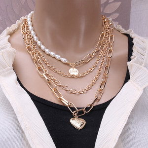 Layered Pearl Chain Necklace Gold Heart Pendant Multi Layer <b>Choker</b> Fashion Jewelry Gift for Women - Product Image 1