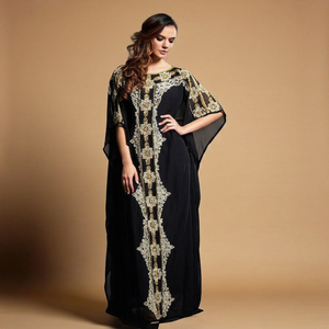 Ethnic Style White Muslim Women's <b>Plus</b> <b>Size</b> Georgette Beaded Handmade Lightweight High Neck Floor <b>Kaftan</b> Long Sleeves Flared Hem - Product Image 1