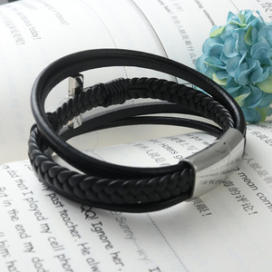 yunnique Cross <b>Leather</b> <b>Bracelet</b> Black Titanium Steel Unisex Gift Jewelry - Product Image 2