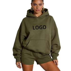 Nuovo Set 2 Pezzi Oversize da Donna 2026, Felpa con Cappuccio e Pantaloncini in Cotone Felpato, Logo Personalizzato a Basso Costo, Set Streetwear e Loungewear - Product Image 1