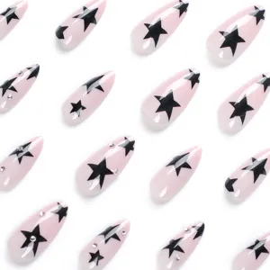 Y2k Short Oval Nails Press On False Gel Black Stars Mix Little Rhinestone Nail Sparkle French Nude Gel Press On Tips Nails
