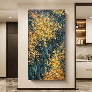 Peinture à l'huile peinte à la main, feuilles dorées, art abstrait brillant, effet visuel 3D moderne, décoration de hall d'entrée, sans cadre - Product Image 4
