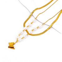 Collier double couche en acier inoxydable plaqué or, chaîne serpent plate, pendentif papillon perle baroque, collier superposé pour femme