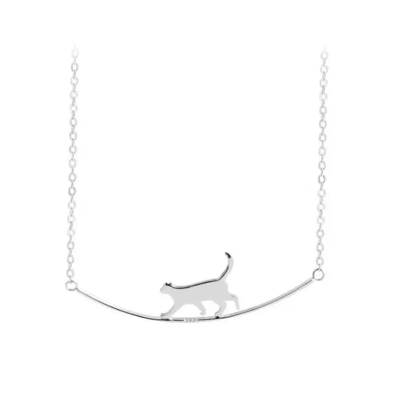 Jewelry Cute Animal Walking Cat Clavicle Chain Necklaces Cat Curved Simple Personality 925 Sterling Silver New Fashion Brass