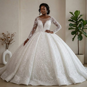 Robe de mariée de luxe moderne style princesse, manches longues, appliques perlées, longueur ras du sol, robe de bal, traîne chapelle, modèle Lsbh31 - Product Image 1