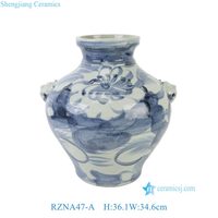Vase de table en porcelaine bleue et blanche peinte à la main, style rustique traditionnel, avec poignées en forme de tête de bête, RZNA47-A/RZNA22-C