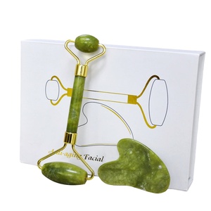 Private label custom logo facial cosmetics anti aging natural green jade face massage roller and gua sha tools set with box