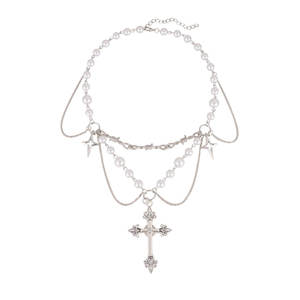 Collar de Perlas de Imitación en Capas, Diseño Geométrico Multicadena, Joyería de Moda para Fiesta, Colgante de Perla Blanca - Product Image 5