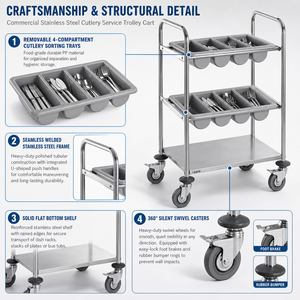 Carrito de Cubiertos de Acero Inoxidable 201/304 con 2 Dispensadores de Cubiertos, Estante Inferior y Ruedas Giratorias para Restaurante y Hotel - Product Image 6