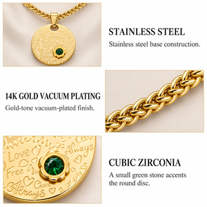 <b>Gold</b> Vacuum Plated Stainless Steel Cubic Zirconia Engraved Round <b>Disc</b> Pendant Necklace - Product Image 3