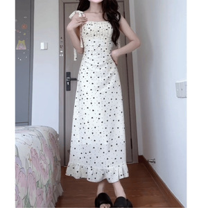 White Polka Dot Slip Dress Square <b>Neck</b> Tight Waist Breathable Long Dress For Women Casual Daily Wear - Product Image 2