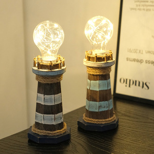 Lámpara de escritorio LED E27 con forma de faro de madera estilo mediterráneo, con acabado envejecido, para decoración del hogar. - Product Image 1