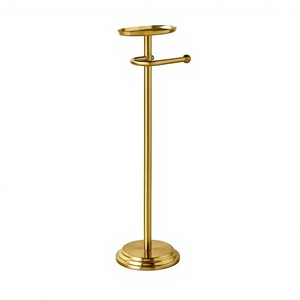 Perchero minimalista de metal con base cilíndrica dorada, fácil de transportar, expositor de encimera, toallero de latón para decoración de baño. - Product Image 1