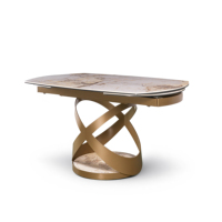 Table à manger extensible moderne de luxe avec plateau en pierre frittée ovale et base en acier doré, 6 à 8 places, pour villa, hôtel, projet commercial