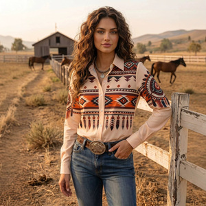 Camisa Feminina Estilo Western com Bordado Geométrico, Manga Longa, Gola Dobrada, Botões, Blusa Casual para Uso Diário de Cowgirl - Product Image 4