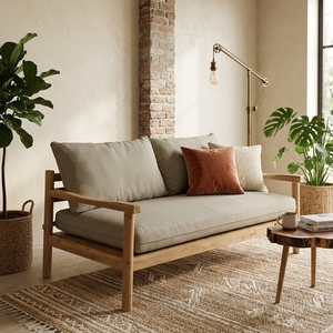 premium teak wood living room sofa, a fabric-covered wooden sofa that <b>combines</b> luxury and comfort in one furniture set - Product Image 2