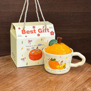 Mug en céramique orange avec couvercle, design de dessin animé, pour le bureau, la maison, cadeau, tasse, pièce unique - Product Image 3