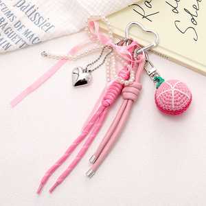 Girls Fashion Hanging Accessories Plush Keychains in Braided Rope Crochet with Fruit Bow Pearl Ribbon Bag Charm
