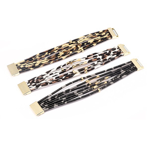 Gelang perhiasan kulit buatan tangan gesper <span class=keywords><strong>Magnet</strong></span> Aloi pesona manik-manik emas bungkus lebar kulit macan tutul multi-lapisan - Product Image 6