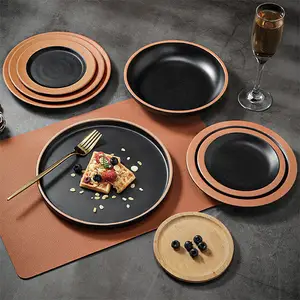 Hot Sale Porcelain Dinner Set Wholesale Restaurant Dish Plate Custom Black Gold Rim Ceramic Restaurant Dinnerware Plates