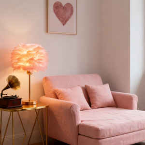 Pink <b>Feather</b> <b>Table</b> <b>Lamp</b> Led Warm Light Dimmable Bedroom Decorative <b>Lamp</b> For Wedding Home Decoration - Product Image 1